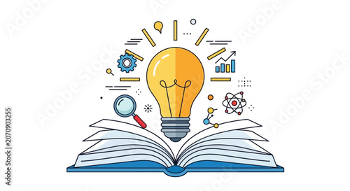 Fotografie open book with light bulb and icons vector silhouette lightbulb education learni