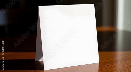 Blank tent card mockup on wood table restaurant event wedding place setting presentation
