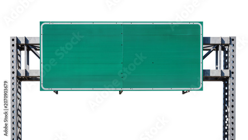Принти на полотні Isolated blank green overhead highway traffic sign on sturdy metal gantry struct