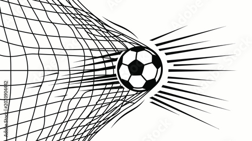 Fotografi Soccer ball penetrating net black and white vector illustration on a white backg