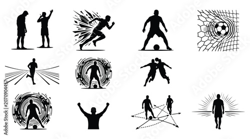 Foto Soccer player silhouettes with dynamic lines a black and white vector illustrati