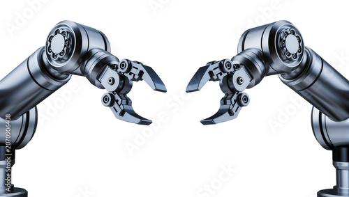 Photography Isolated two sleek metallic robotic arms with precise grippers for modern industrial automation
