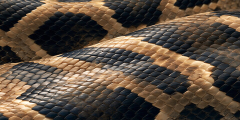 Extreme macro photograph of python snake skin showing detailed overlapping scales and a wavy geometric pattern in black and tan