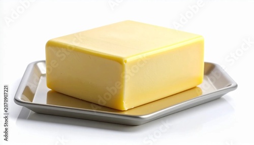 3D rectangular block of butter on small tray icon isolated on white ba