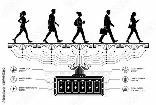Black and white infographic illustration, people walking on circuit board, technology concept, digital background