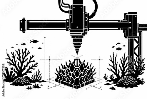 3D printer, underwater, coral reef, vector illustration, industrial technology