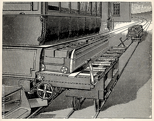 Accumulator tramcar during insertion of the battery. Antique stylized illustration.
