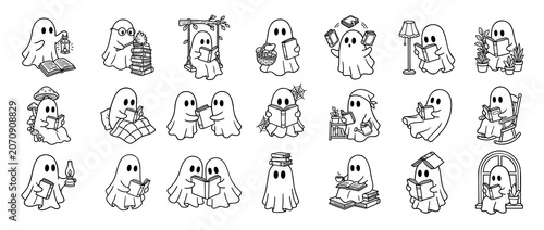 Cute Bookish Ghost Collection for Halloween and Autumn Reading. Adorable ghost characters enjoying books in cozy cottagecore and spooky seasonal settings.