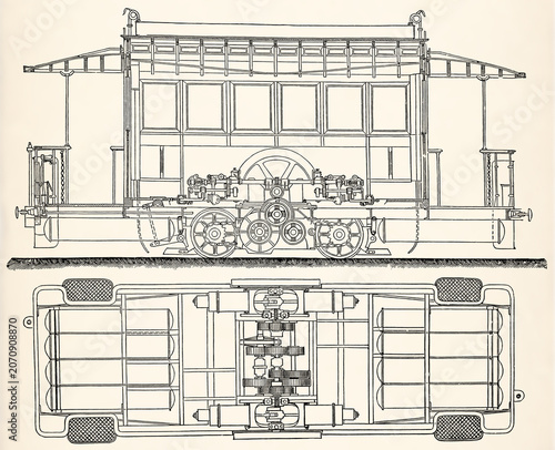 Luehrig’s gas-powered tramcar. Antique stylized illustration.