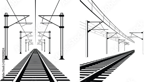 Tableau sur toile Electric Railway Track Perspective Silhouette with Overhead Catenary Power Line