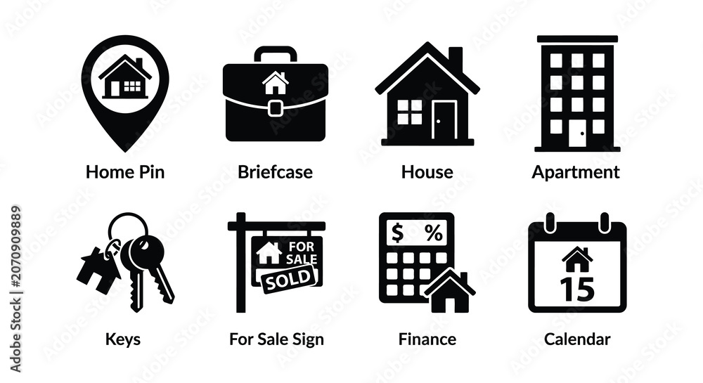 Fototapeta premium Flat Vector Icons House Briefcase Globe Laptop And Security