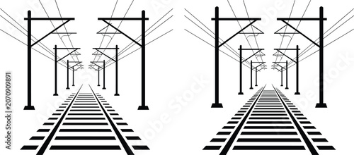 Photography Railway Track Silhouette with Overhead Electric Catenary Infrastructure Perspect