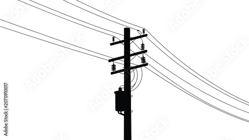 Tableau sur toile Utility Power Pole Silhouette with Electrical Transformer and Overhead Power Lin