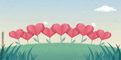 Photos Pink paper heart flowers blooming in a grassy field with a soft blue sky and a s