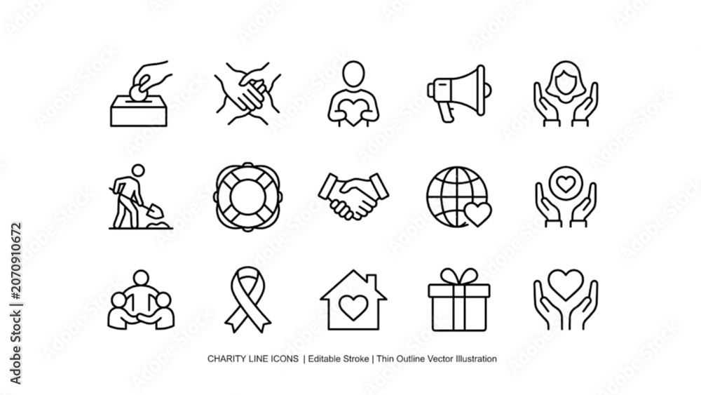 Fototapeta premium Charity, Donation, Volunteer Support, Humanitarian Aid, Fundraising, Community Care, Social Welfare and Nonprofit Organization line icons. Editable outline vector collection for awareness and charity 