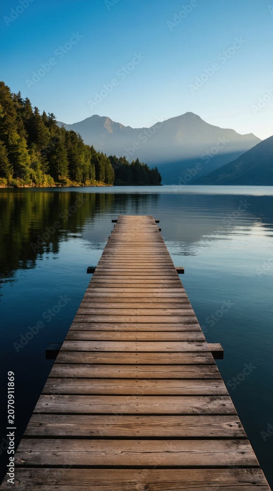 Fototapeta premium Wooden pier juts into calm lake water, mountains and pine forest edge tranquil scene. Clear blue sky over serene water body, peaceful morning light.
