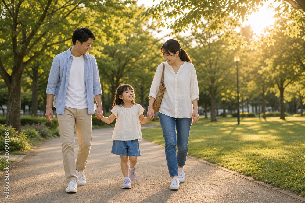 Obraz premium 手をつないで公園を歩く夏の家族