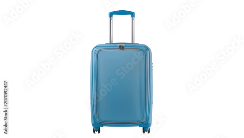 Vászonkép Isolated blue carry-on rolling suitcase standing upright, ready for travel and a