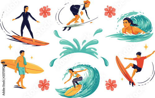 Summer Surfing Sport Vector Set Featuring Diverse Male and Female Surfers Riding Ocean Waves Carrying Surfboards with Hibiscus Flowers and Water Splash Illustration