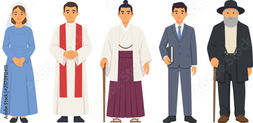 Diverse Religious Leaders Character Set Featuring Christian Nun Catholic Priest Shinto Kannushi Protestant Pastor and Jewish Rabbi Standing Vector Illustration