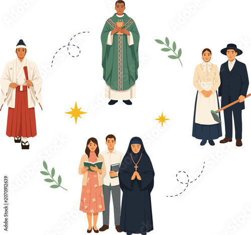 Diverse Religious Groups and Traditional Clergy Characters Collection Featuring Catholic Priest Shinto Kannushi Amish Couple and Devout Church Believers Vector Illustration