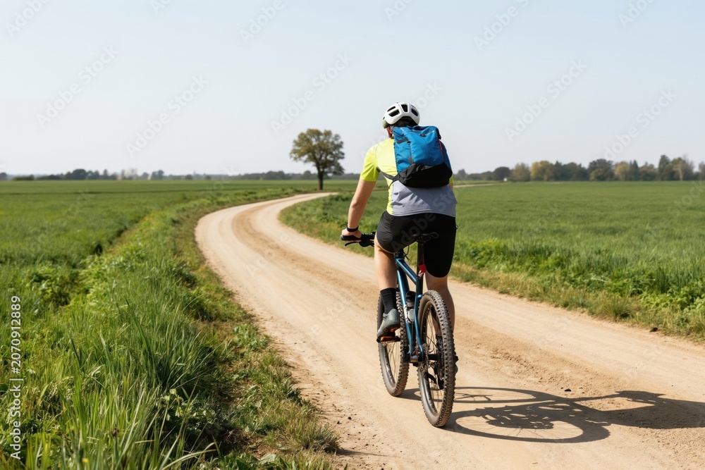 Fototapeta premium Man rides bike on dusty road through green field. Cyclist with backpack and helmet enjoys outdoor activity on sunny day. Rural landscape with path and trees.