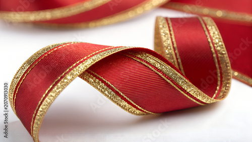 Extreme Macro Close-up of Luxurious Red Satin Ribbon with Sparkling Gold Edges Elegant Texture Detail for Holiday Gift Packaging Decoration High Resolution Asset
