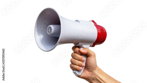 Foto Isolated hand holding a powerful white and red megaphone for making announcement