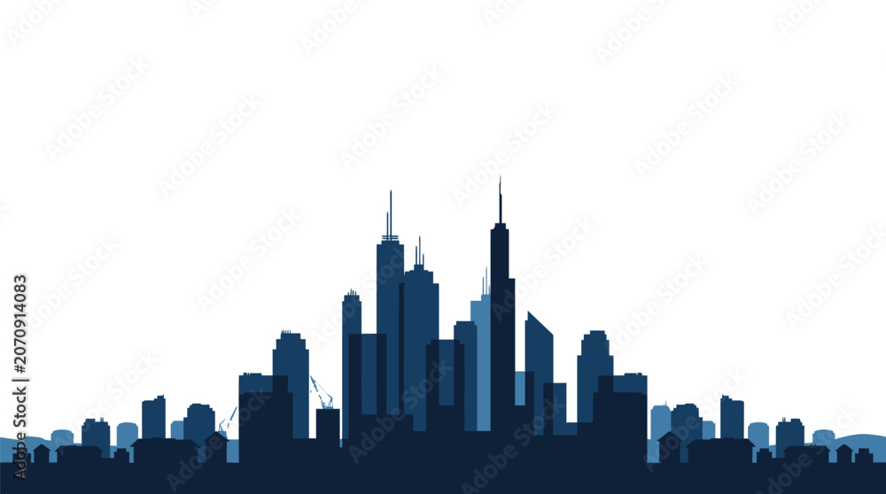 Obraz premium Dark blue city skyline silhouette featuring tall skyscrapers isolated against a clean white background area