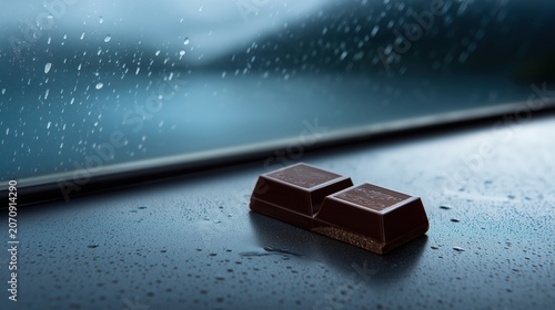 A single piece of dark chocolate resting on a rainy windowsill beneath moody overcast light, using rich textures and quiet reflections to symbolize loneliness.