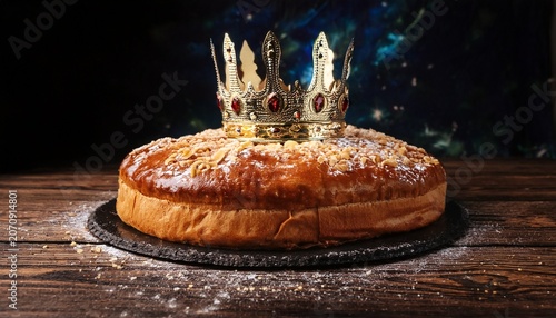 galette des rois traditionnelle avec une couronne posee dessus du sucre glace decore ce gateau pour la fete des rois mages delicieux dessert francais qui celebre le debut daannee specialite