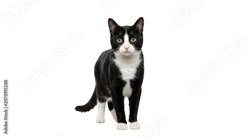 Black and white tuxedo cat standing on a white background