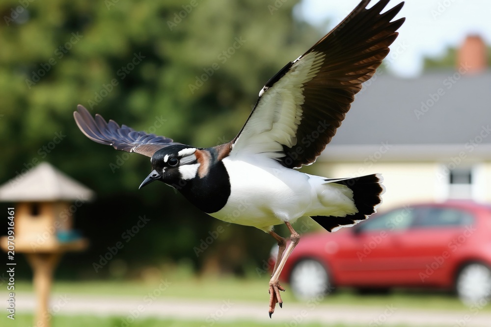 Fototapeta premium Bird with black white plumage flies over green grass. Wings spread wide for aerial travel. Legs dangle mid-flight. Background shows blurred trees and red car.