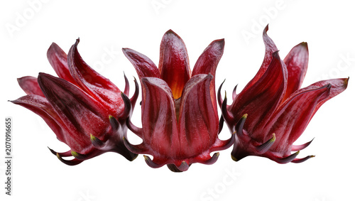 Isolated fresh red roselle calyces, healthy hibiscus plant ingredient for beverages