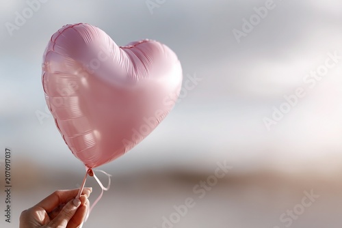 Pink heart balloon held by a hand against a soft neutral background, ideal for love, celebration and romantic greeting concepts.