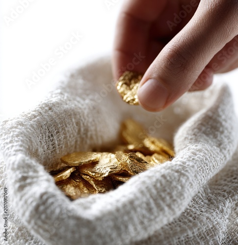 Close up hand holding a gold coin above a textile money bag, ideal for savings, personal finance and investment content.