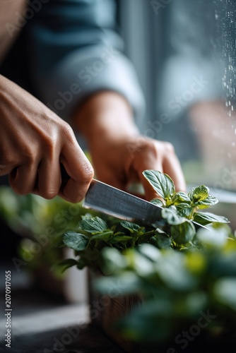 Hands cutting fresh mint in a kitchen herb planter by the window, ideal for cooking, gardening and healthy lifestyle content.