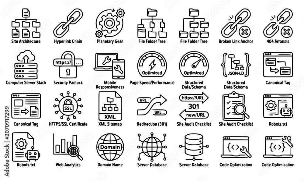 Fototapeta premium Technical SEO outline icons vector pack with website backlink and site optimization symbols