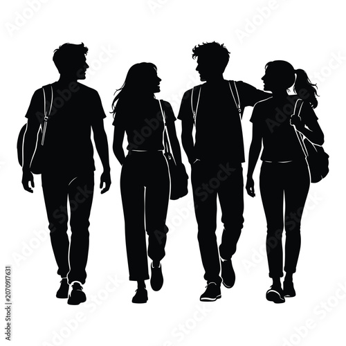 Group of four young students walking together isolated on white background