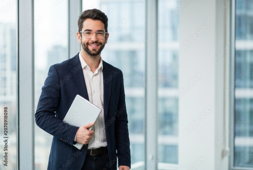 Fototapeta premium Young businessman smiling confidently, holding a laptop in a bright office environment