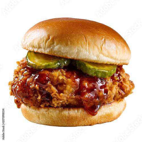 Hot honey chicken sandwich with pickles, isolated on white background. 