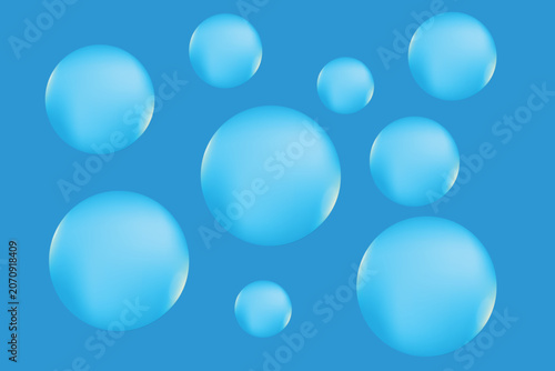 Abstract background with floating light blue spheres or bubbles on a blue backdrop