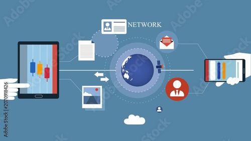 Global network data exchange animated, Flat animation of global network and data exchange between tablet and smartphone with cloud and satellite