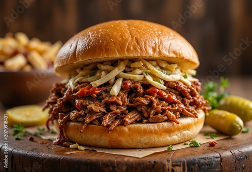 Authentic pulled beef sandwich with rich barbecue sauce, fluffy bun, coleslaw, pickles, fresh herbs, rustic background.