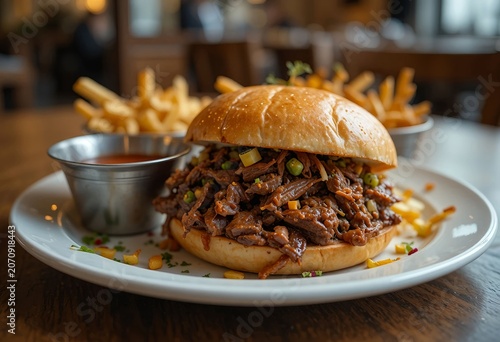 Slow-cooked pulled beef sandwich served with fries, sauce bowl, herbs and vegetables, cozy restaurant atmosphere.