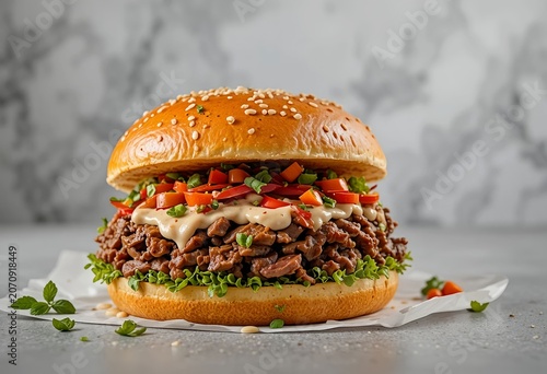 Contemporary pulled beef sandwich composition, slow-cooked beef, creamy sauce, toasted bun, fresh toppings, minimalist background with empty space for text, professional food banner design.
