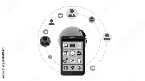 Smartphone with app icons floating in front of concentric circles and user avatars animation