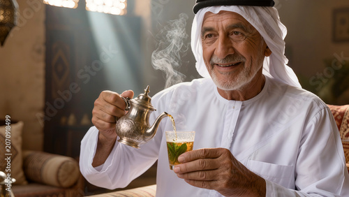 Authentic Arabic Hospitality Traditional Mint Tea Pouring Close Up