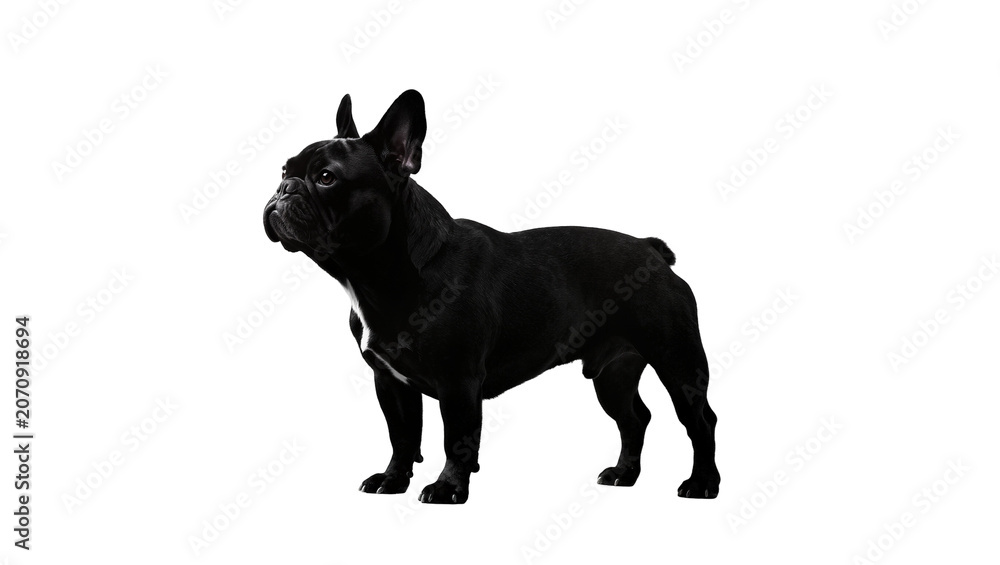 Obraz premium Isolated black French Bulldog standing, full body profile of a purebred companion dog