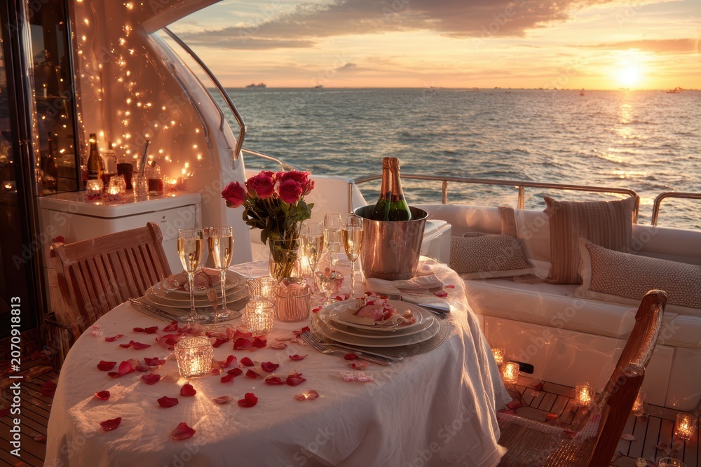 Obraz premium Romantic Valentineâ€™s Day dinner on a luxury yacht at sunset with candlelit table, roses, and champagne